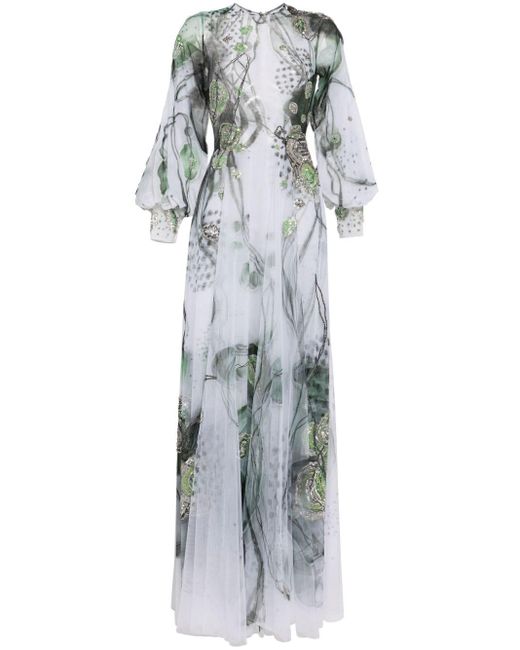 Saiid Kobeisy Gray Graphic-print Beaded Tulle Dress
