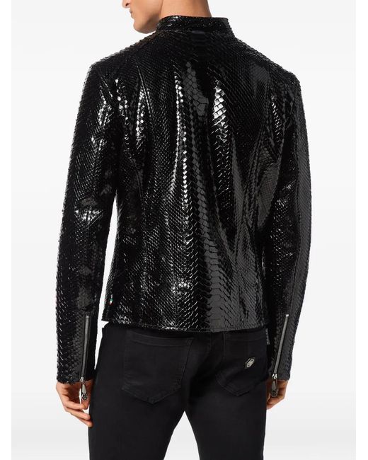 Philipp Plein Leren Jack Met Python-Effect in het Black voor heren