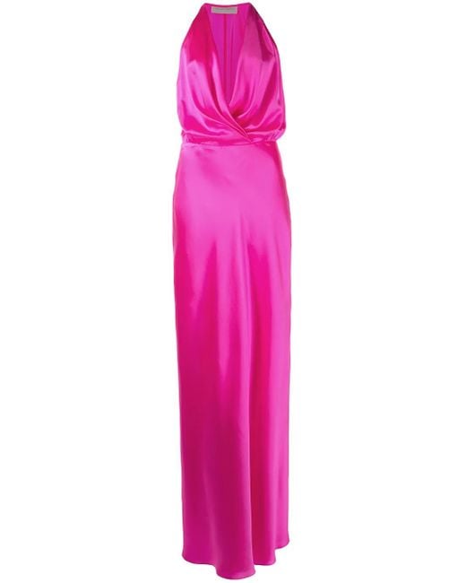 Michelle Mason Pink Draped-Detail Halterneck Gown