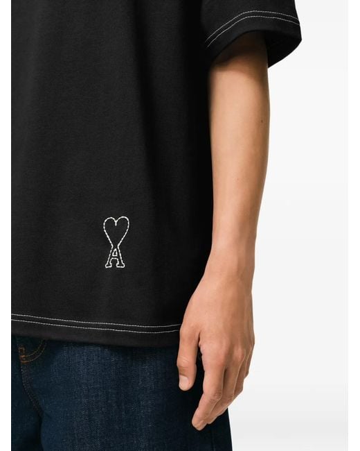 AMI Black Ami De Coeur Logo-Detail Topstitching T-Shirt for men