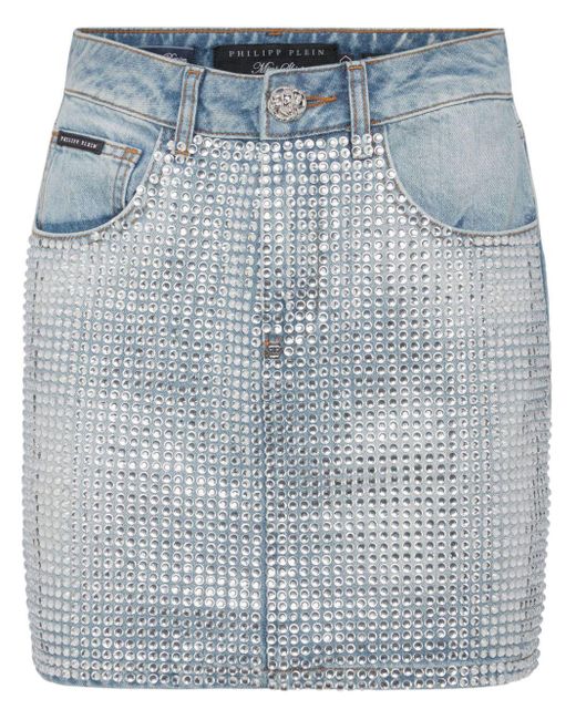 Philipp Plein Blue Crystal-embellished Denim Miniskirt