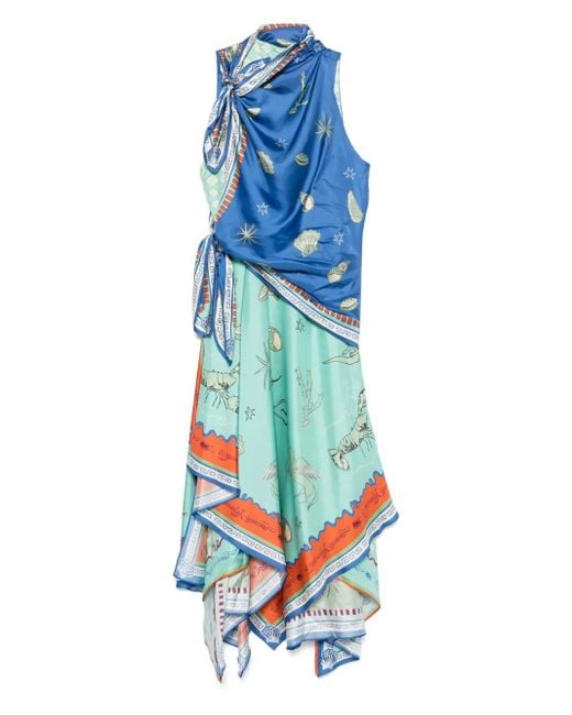 ALÉMAIS Blue Surrealist Summer Scarf Midi Dress