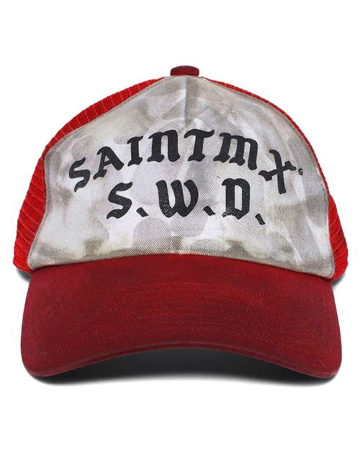 SAINT Mxxxxxx Red Logo-print Distressed Baseball Cap for men
