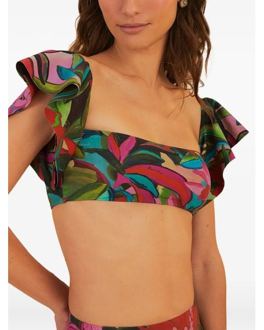 Farm Rio Green Jardin De Reve Ruffle-Detailed Floral-Print Bikini Top