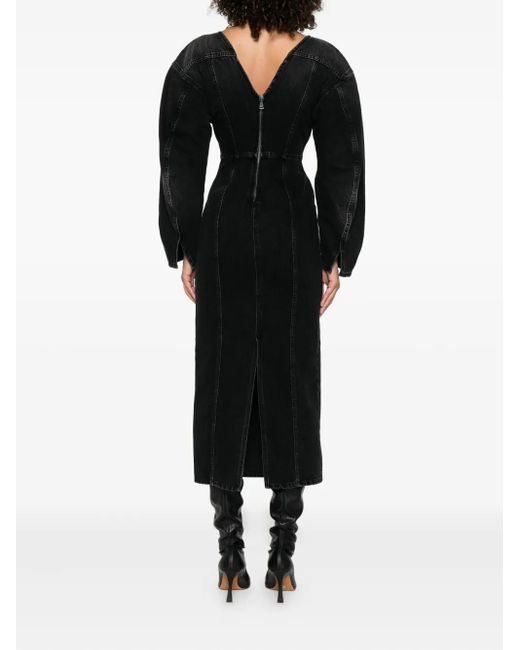 Haikure Black V-Neck Puff-Sleeve Midi Dress