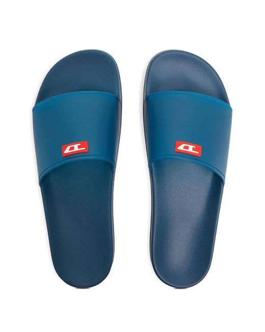 DIESEL Blue Sa-Swim Logo-Patch Slides for men