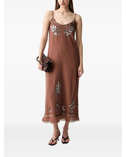 INTROPIA Brown Sequin-Embellished Sleeveless Ruffled Shift Midi Dress