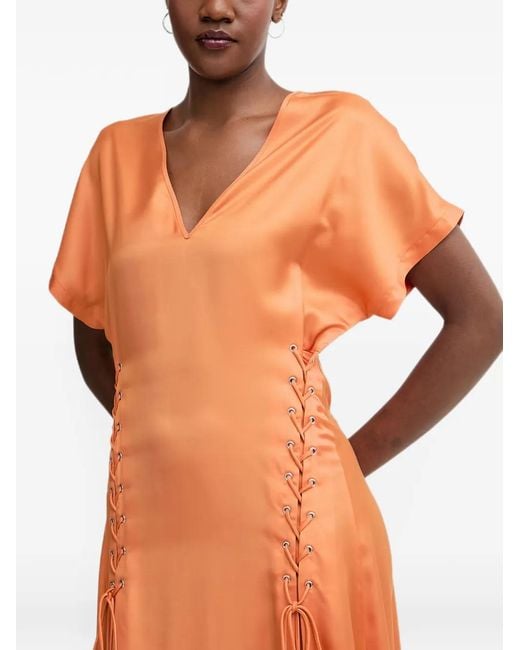 Pinko Orange Lace-Up V-Neck Midi Dress