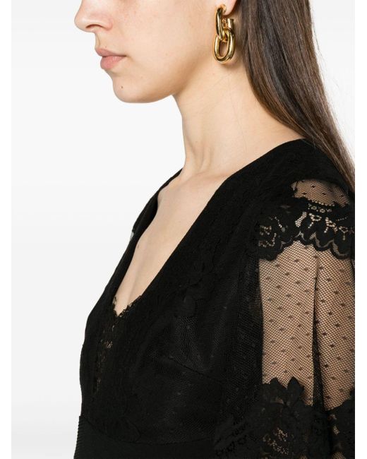 Nissa Black Floral-lace Tiered Midi Dress