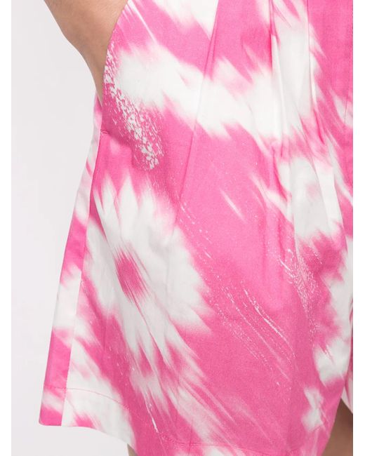 MSGM Pink Painterly-Print Belted Shorts