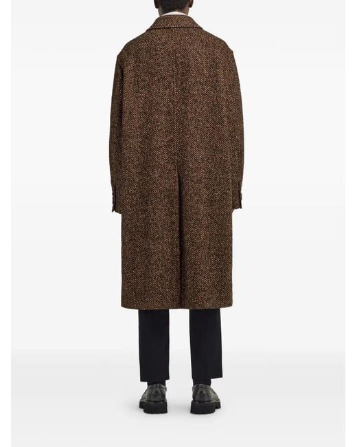 Roberto Cavalli Brown Herringbone-Pattern Single-Breasted Coat for men