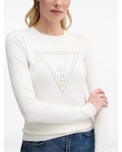 Guess White Logo-Embellished Long-Sleeve Sweater