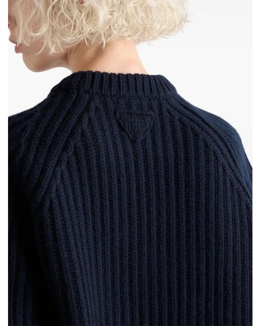 Prada Blue Gerippter Pullover mit Pelzkragen
