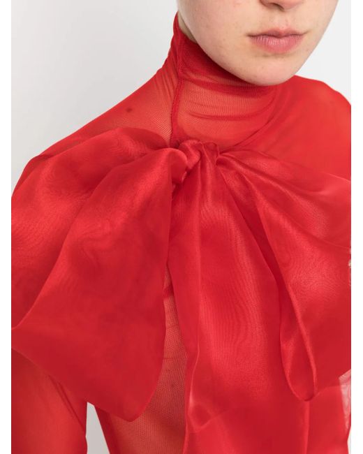 Atu Body Couture Red Semi-Sheer Bow-Detail Bodysuit