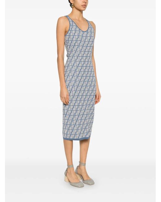 Fendi Ff Cotton Sleeveless Longuette Dress in Blue | Lyst
