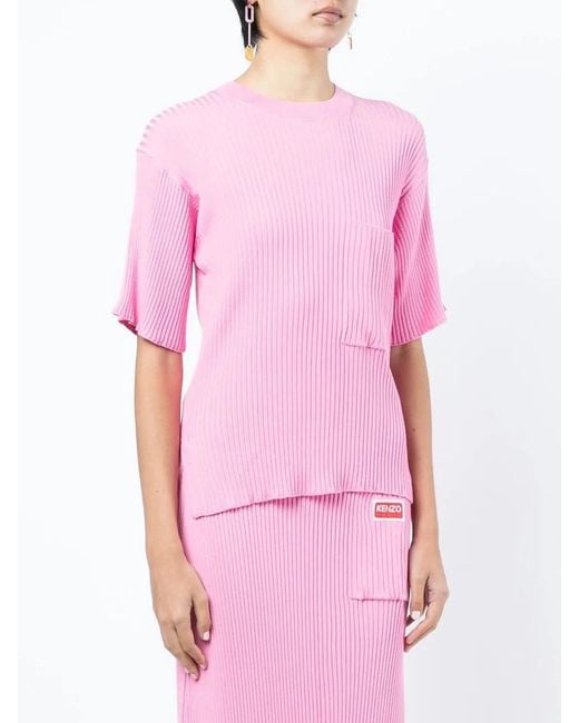 KENZO Pink Logo-Patch Ribbed Short-Sleeve Top