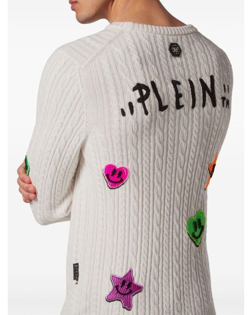 Philipp Plein Pink Appliqué Cable-knit Jumper for men