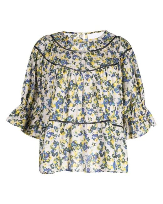 Merlette Floral-print Cotton Blouse in White | Lyst