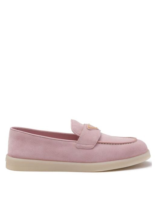 Prada Pink Suede Triangle Loafers
