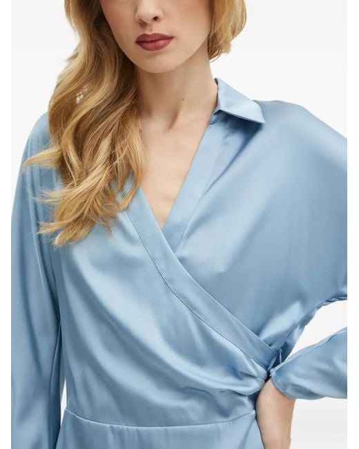 Guess Blue Wrap-Neck Gathered-Cuff Mini Dress