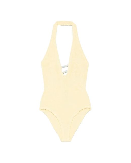 Hunza G White Adriana Bead-Embellished Crinkle-Effect Swimsuit