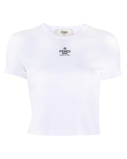 Fendi White Geripptes T-Shirt mit Logo-Stickerei