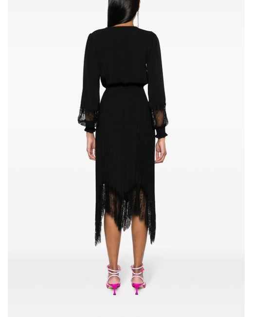 Nissa Black Lace-Trim Pleated Midi Dress