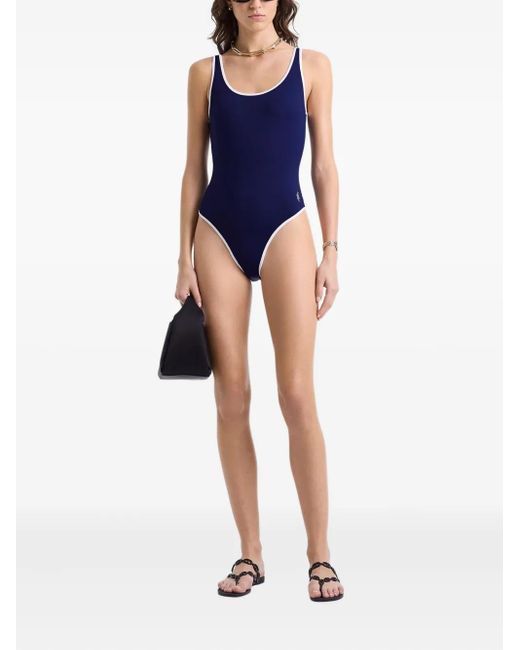 Sporty & Rich Blue Carla Scoop-Neck Contrast-Trim Swimsuit