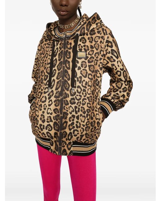 Dolce & Gabbana Brown Zip-Up Jersey Hoodie With Leopard Print