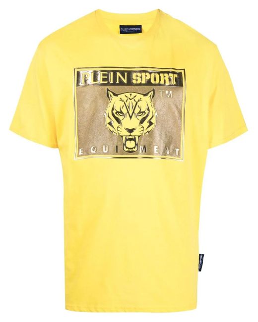 Philipp Plein Yellow Tiger-Head Logo-Print T-Shirt for men
