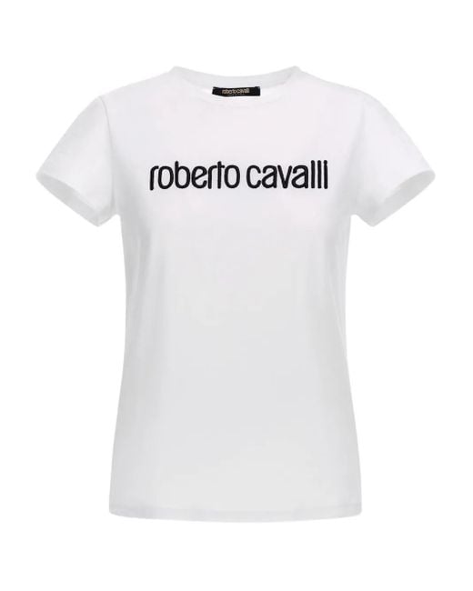 Roberto Cavalli White Weißes T-Shirt Mit Schwarzem Logo