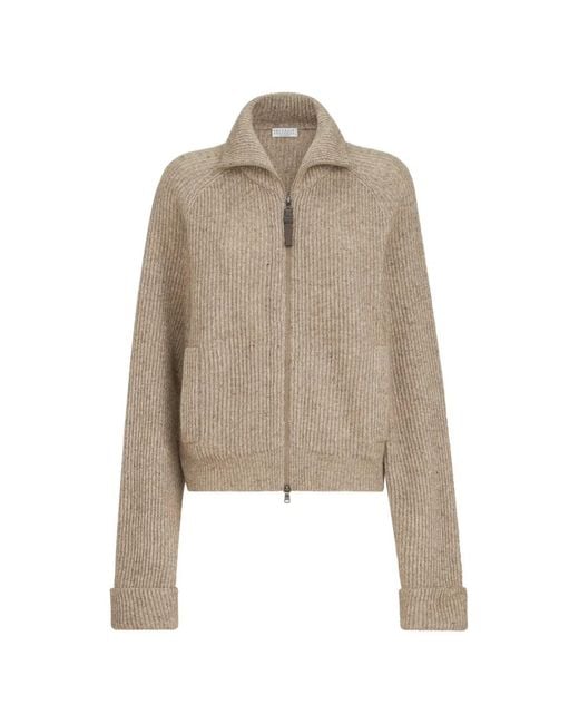 Brunello Cucinelli Natural Sparkling Cashmere, Mohair And Wool Ribbed Cardigan With Shiny Zipper Pull