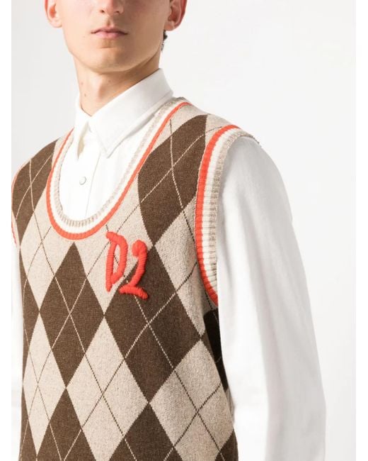 DSquared² Pink Argyle-Patern Wool-Silk Vest for men