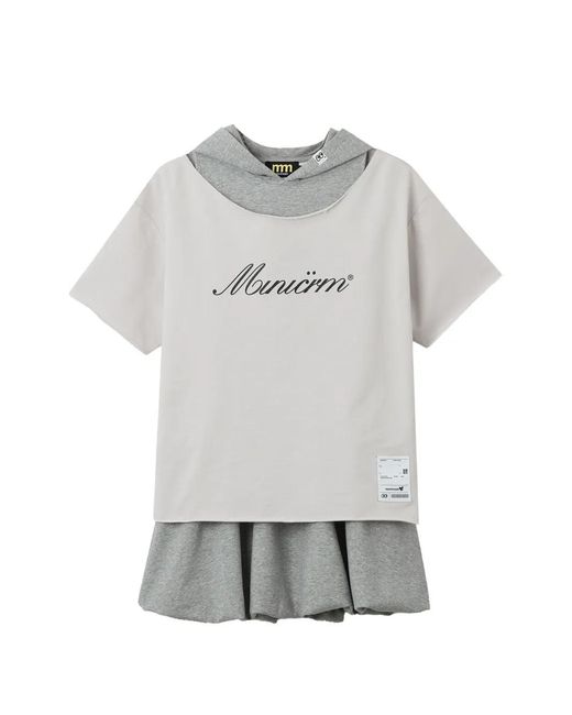 Mini Cream Gray Hooded Raw-Cut Dress