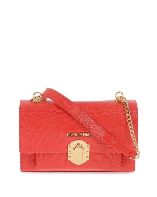 Love Moschino Red Lizard-Effect Logo-Lettering Shoulder Bag