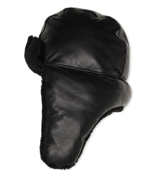 ROUGH Black Leather Earflap Beanie Hat