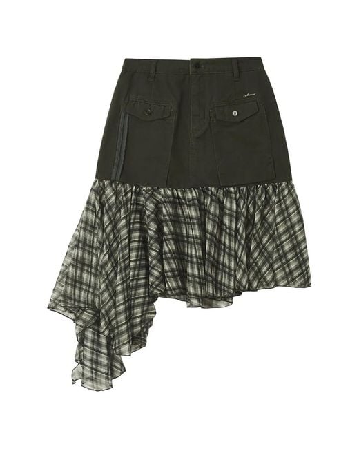 Musium Div. Green Check-Pattern Ruffled Midi Skirt