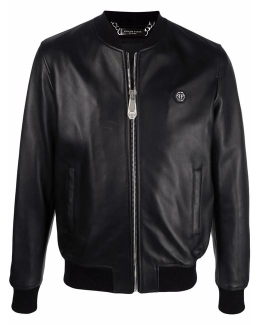 Philipp Plein Black Leather Bomber Jacket for men