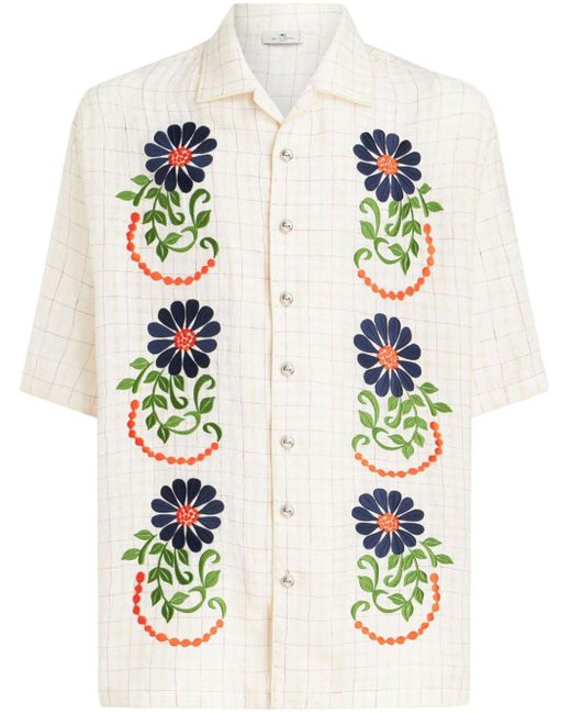Etro White Floral-embroidered Check Shirt for men