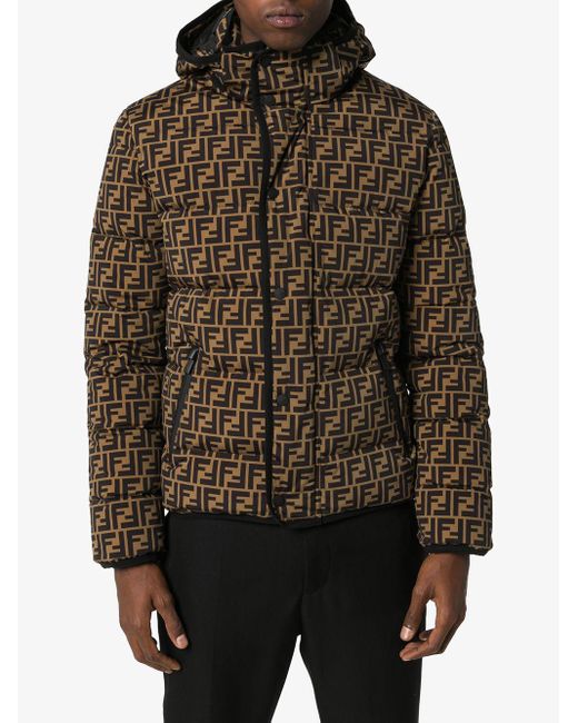 Fendi Synthetic Ff Logo Print Puffer Jacket in Brown for Men - Lyst