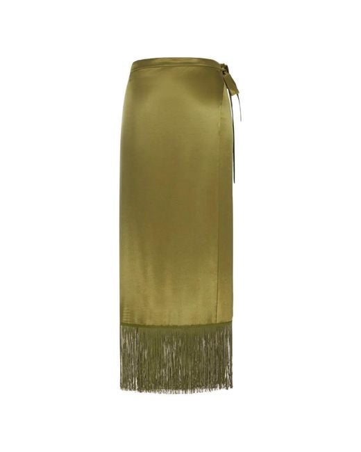 THE NINA STUDIO Green Maia Fringe-Trimmed Wrap Midi Skirt