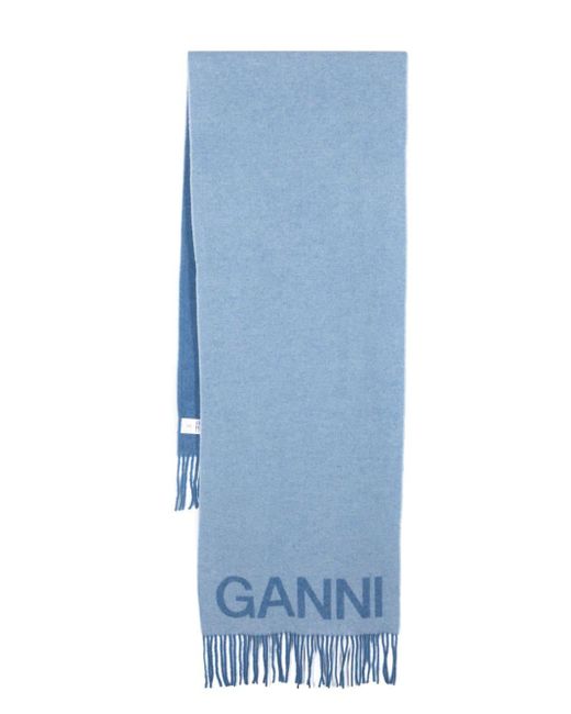 Ganni Blue Fringed Recycled Wool-blend Scarf