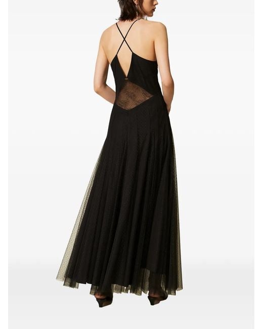 Twinset Black Long Plumetis Tulle Dress With Lace