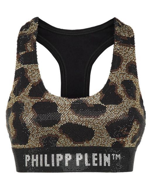 Philipp Plein Black Leopard-Print Cropped Top
