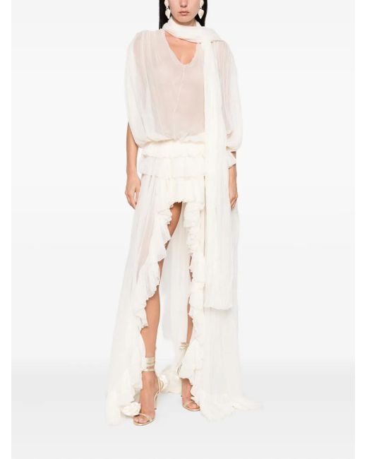Blumarine White Pleated Ruffled Asymmetric Day Dress
