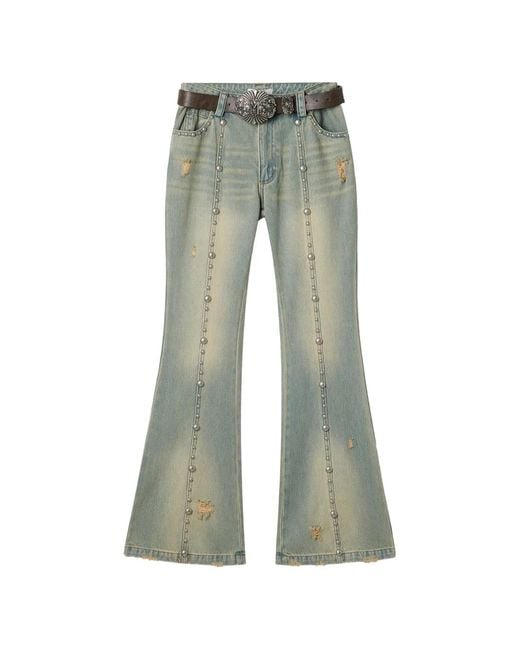 Markgong Green Stud-Embellished Distressed Flared Jeans