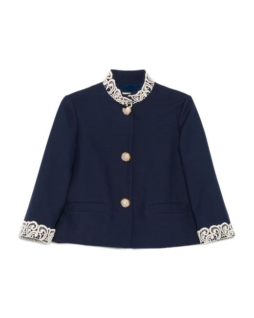 Valentino Garavani Blue Lace-Trimmed Button-Detail Jacket