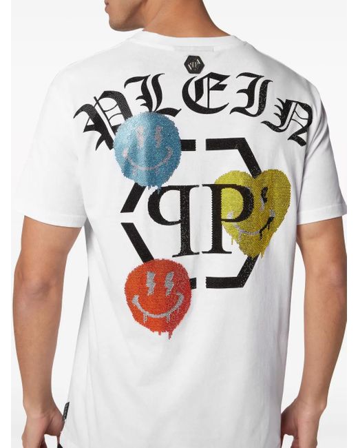 Philipp Plein White Rhinestone-Logo Cotton T-Shirt for men