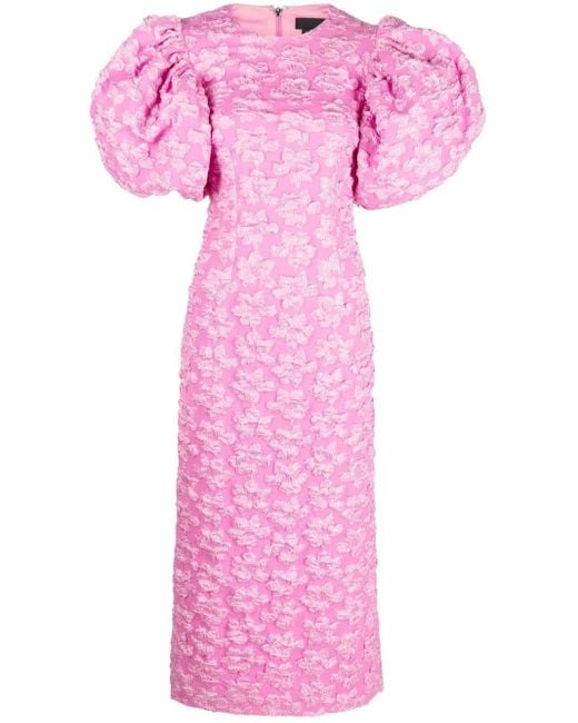 ROTATE BIRGER CHRISTENSEN Pink Floral-jacquard Puff-sleeve Midi Dress