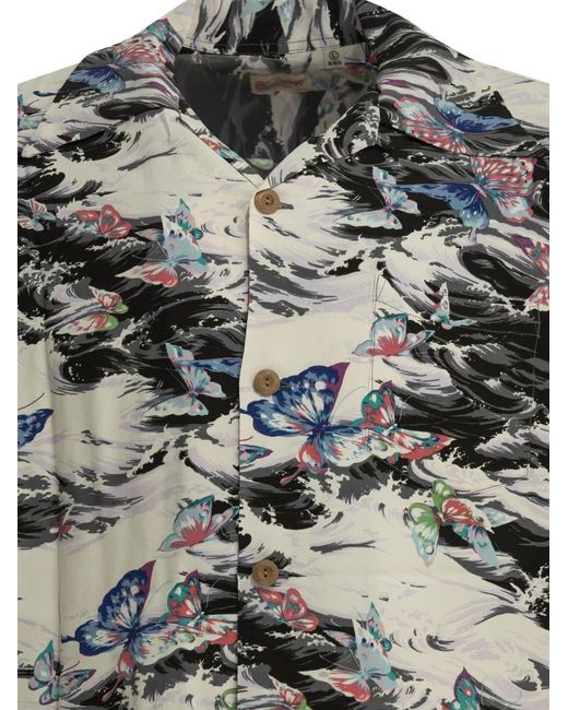 Sun Surf Gray Butterfly-Print Camp-Collar Shirt for men